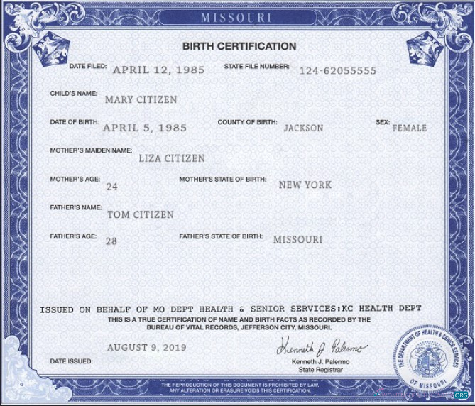 Download USA Missouri state birth certificate template in PSD format Photoshop template